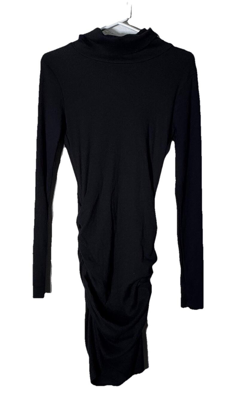 Michael Stars Black Turtleneck Side Ruched Ribbed Cotton Modal Dress Sz M